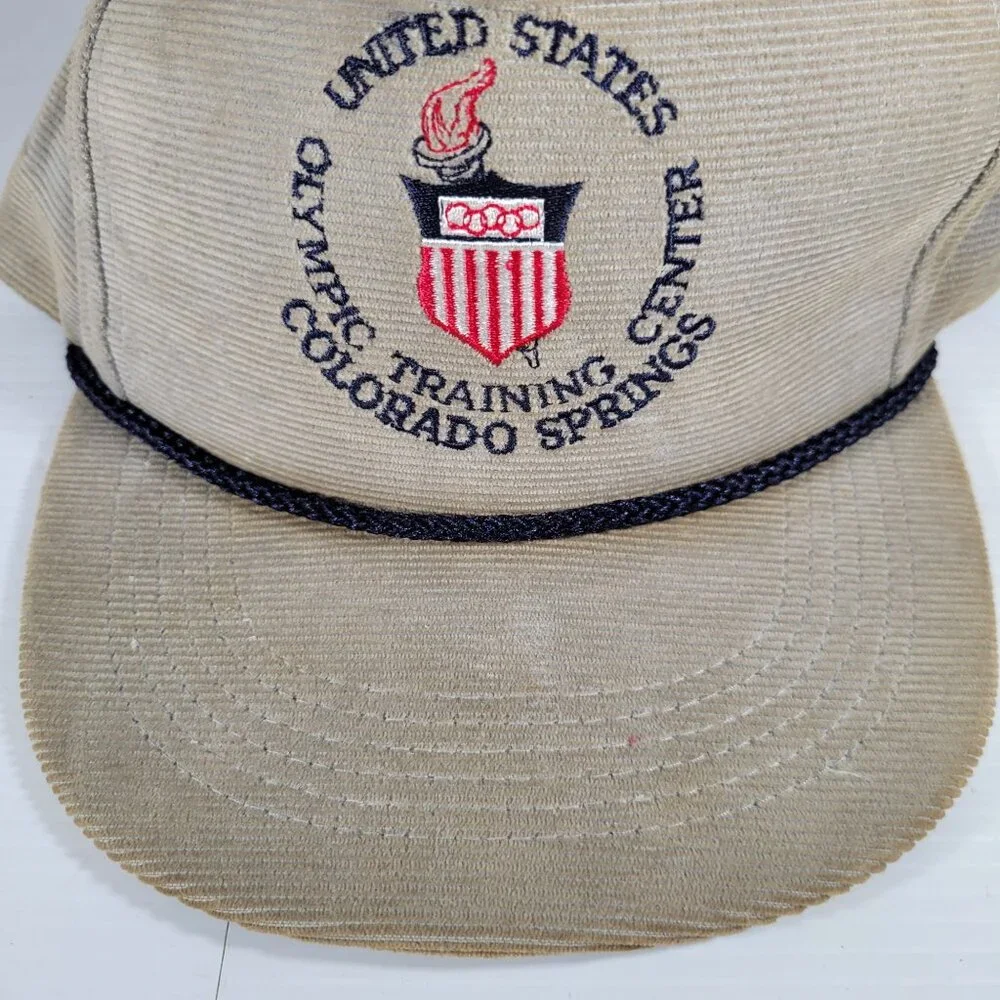 Vintage US Olympic Training Center Corduroy Cap Snapback Hat MADE IN USA Tan Bei